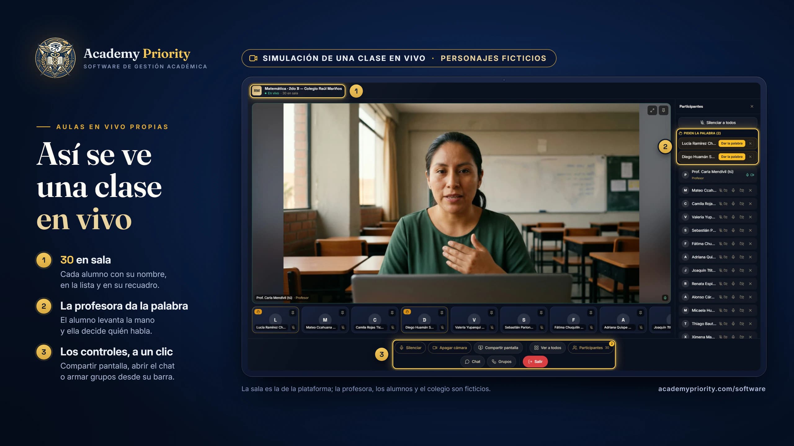 Simulación de una clase en vivo en la plataforma: la profesora habla a cámara, dos alumnos piden la palabra y hay 30 en sala. Personajes ficticios.